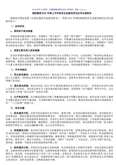 城投集团2021年度上半年政治生态建设状况自评自查报告
