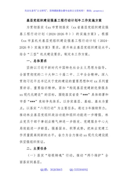 基层党组织建设强基工程行动计划年工作实施方案