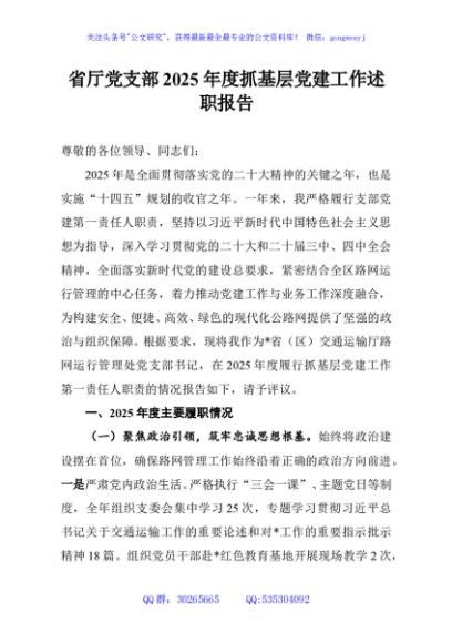 省厅党支部2025年度抓基层党建工作述职报告