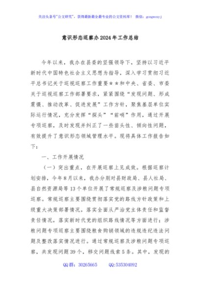 意识形态巡察办2024年工作总结