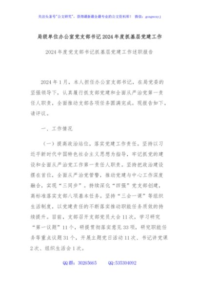 局级单位办公室党支部书记2024年度抓基层党建工作