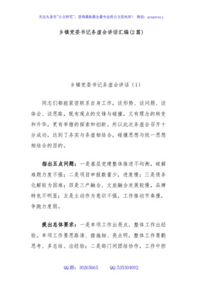 (2篇)乡镇党委书记务虚会讲话汇编