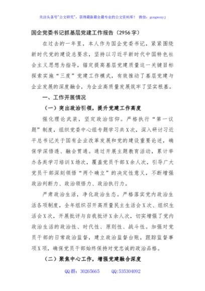 国企党委书记抓基层党建工作报告（2956字）