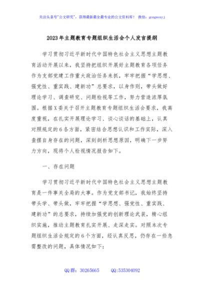 2023年主题教育专题组织生活会个人发言提纲