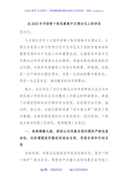 在2025年市委第十轮巡察集中反馈会议上的讲话