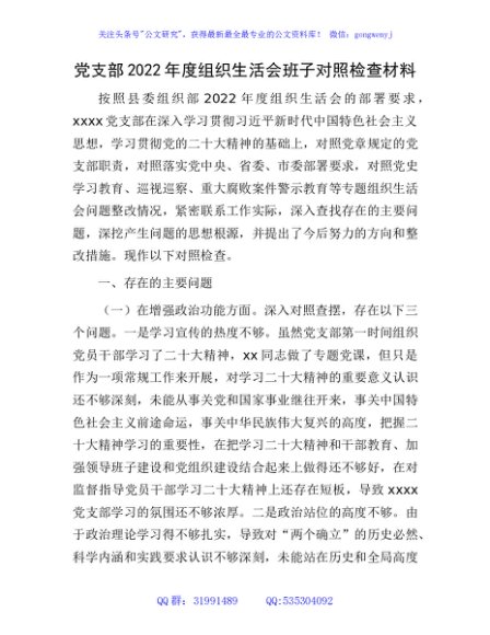 党支部2022年度组织生活会班子对照检查2700字