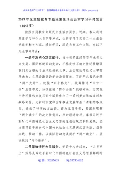 （会前）主题教育专题民主生活会会前学习研讨发言