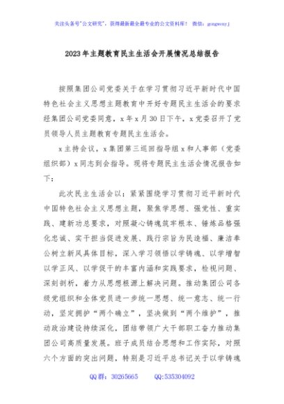 2023年主题教育民主生活会开展情况总结报告