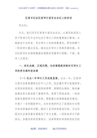 区委书记在区委审计委员会会议上的讲话