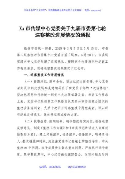 Xx市传媒中心党委关于九届市委第七轮巡察整改进展情况的通报