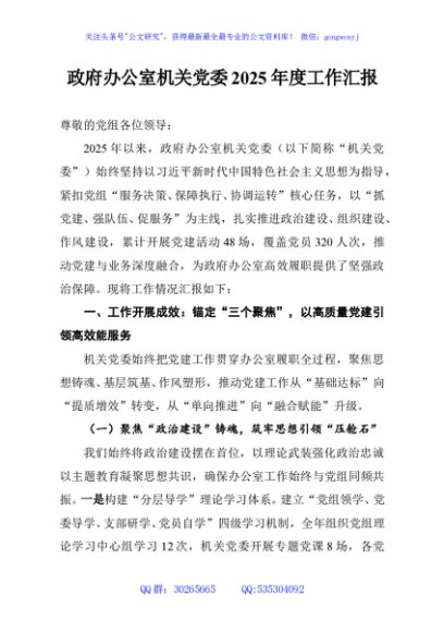 政府办公室机关党委2025年度工作汇报