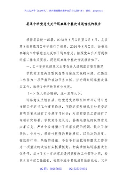 县某中学党总支关于巡察集中整改进展情况的报告