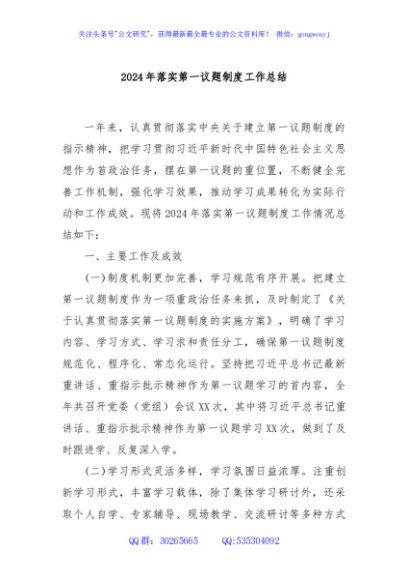 2024年落实第一议题制度工作总结
