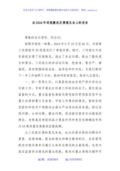 在2024年巡视整改反馈意见会上的发言