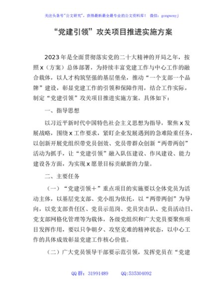 “党建引领”攻关项目推进实施方案