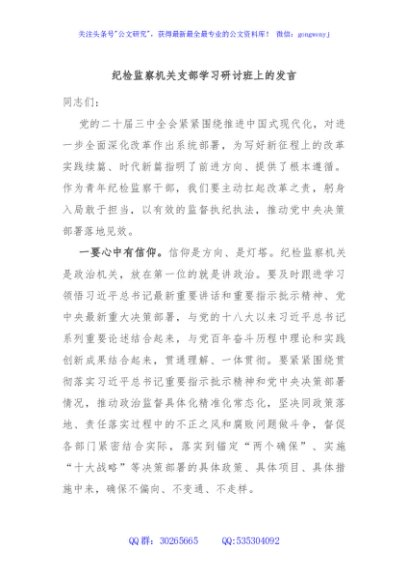 纪检监察机关支部学习研讨班上的发言