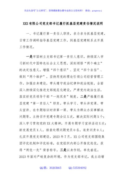 XXX有限公司党支部书记履行抓基层党建责任情况说明