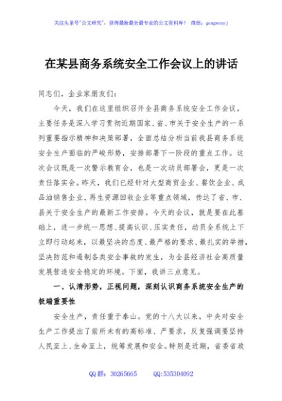 在某县商务系统安全工作会议上的讲话