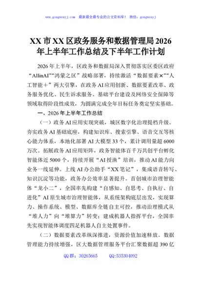 XX市XX区政务服务和数据管理局2026年上半年工作总结及下半年工作计划