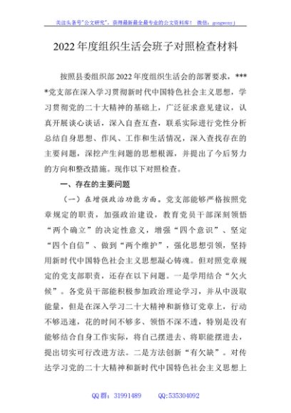 2022年度组织生活会班子对照检查材料