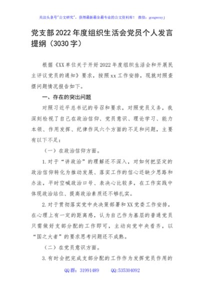 党支部2022年度组织生活会党员个人发言提纲（政治信仰等6方面）