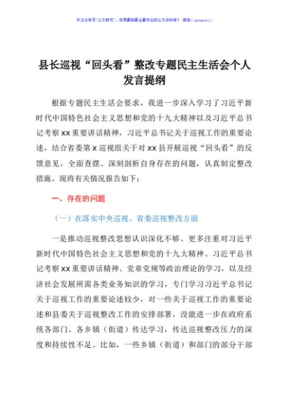 县长巡视“回头看”整改专题民主生活会个人发言提纲