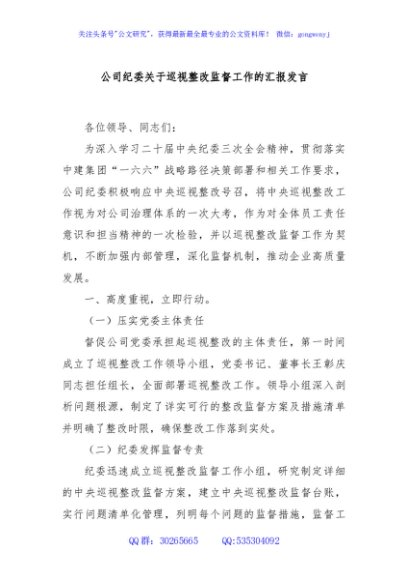 公司纪委关于巡视整改监督工作的汇报发言