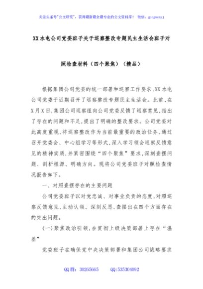 XX水电公司党委班子关于巡察整改专题民主生活会班子对照检查材料（四个聚焦）（精品）
