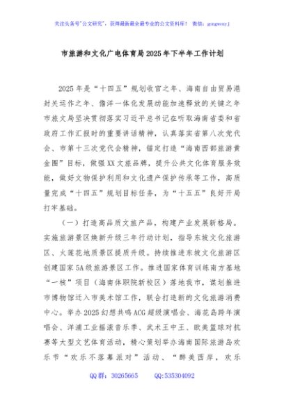 市旅游和文化广电体育局2025年下半年工作计划