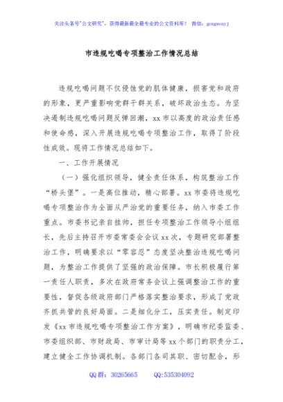 市违规吃喝专项整治工作情况总结