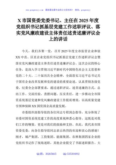 X市国资委党委书记、主任在2025年度党组织书记抓基层党建工作述职评议、落实党风廉政建设主体责任述责述廉评议会上的讲话