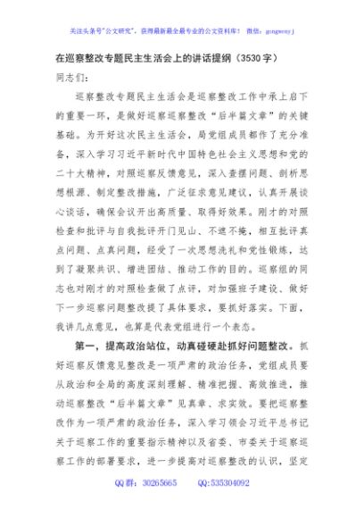 在巡察整改专题民主生活会上的讲话提纲（3530字）