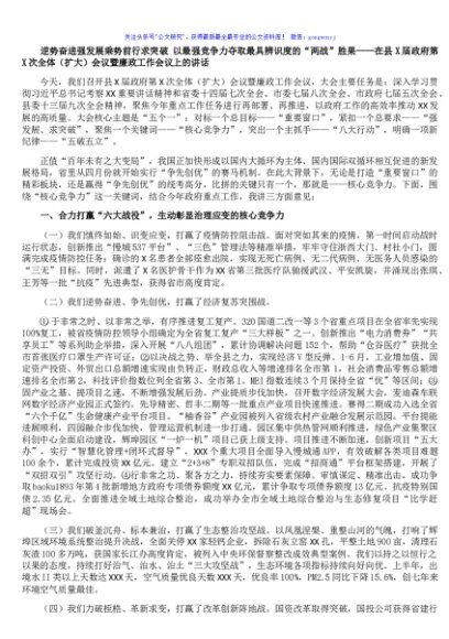 逆势奋进强发展乘势前行求突破 以最强竞争力夺取最具辨识度的“两战”胜果——在县X届政府第X次全体（扩大）会议暨廉政工作会议上的讲话