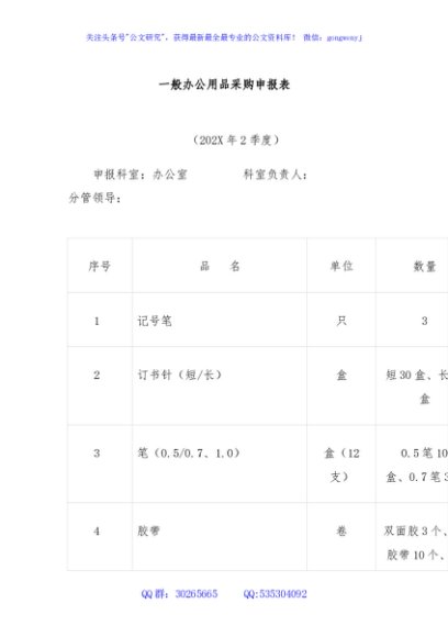 一般办公用品采购申报表
