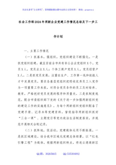 社会工作部2024年两新企业党建工作情况总结及下一步工作计划