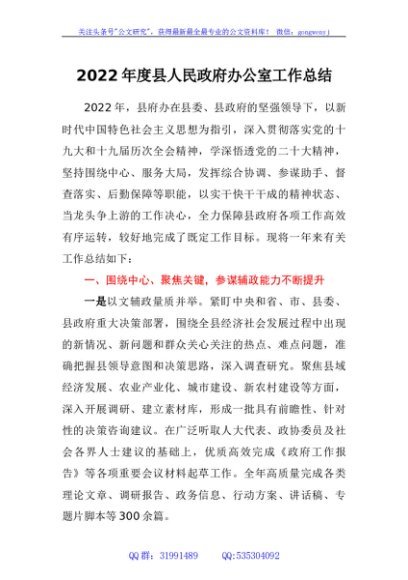 2022年度县人民政府办公室工作总结