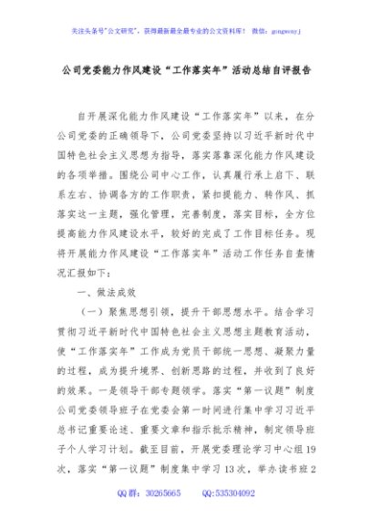 公司党委能力作风建设“工作落实年”活动总结自评报告