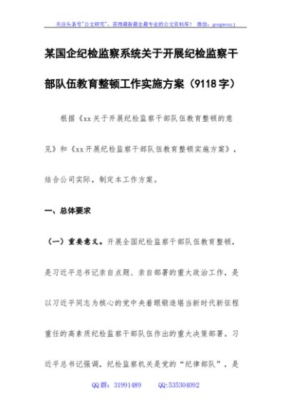 国企纪检监察系统关于开展纪检监察干部队伍教育整顿工作实施方案