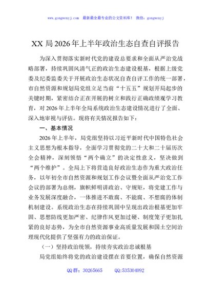XX局2026年上半年政治生态自查自评报告
