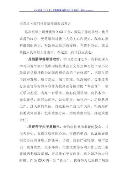 市直机关部门领导新任职表态发言