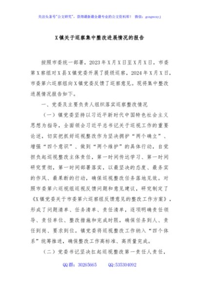 X镇关于巡察集中整改进展情况的报告