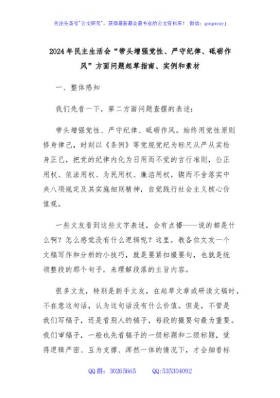 2024年民主生活会“带头增强党性、严守纪律、砥砺作风”方面问题起草指南、实例和素材