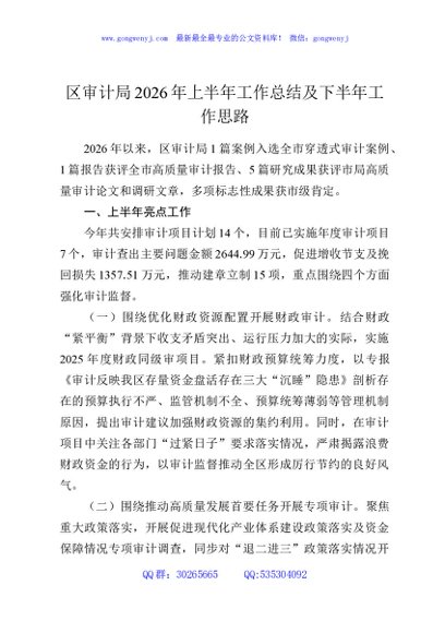区审计局2026年上半年工作总结及下半年工作思路