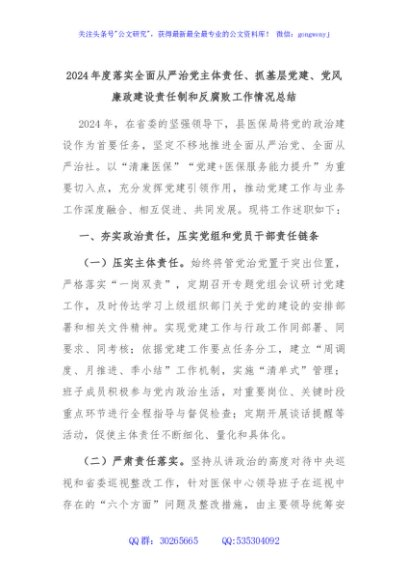 2024年度落实全面从严治党主体责任、抓基层党建、党风廉政建设责任制和反腐败工作情况总结