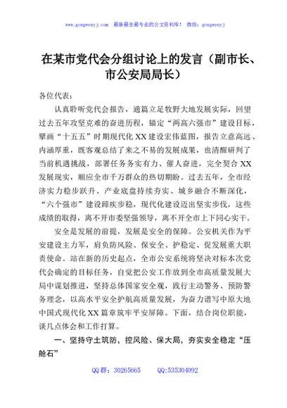 在某市党代会分组讨论上的发言（副市长、市公安局局长）