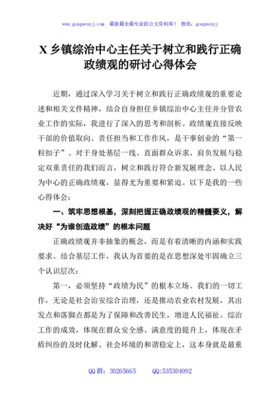 X乡镇综治中心主任关于树立和践行正确政绩观的研讨心得体会