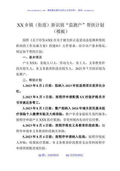 XX乡镇（街道）新识别“监测户”帮扶计划（模板）