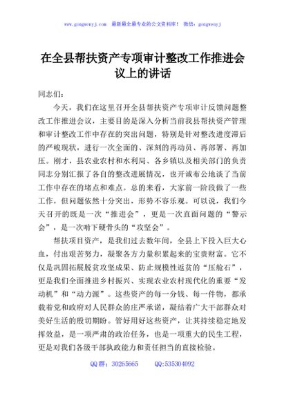 在全县帮扶资产专项审计整改工作推进会议上的讲话