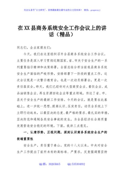 在XX县商务系统安全工作会议上的讲话（精品）