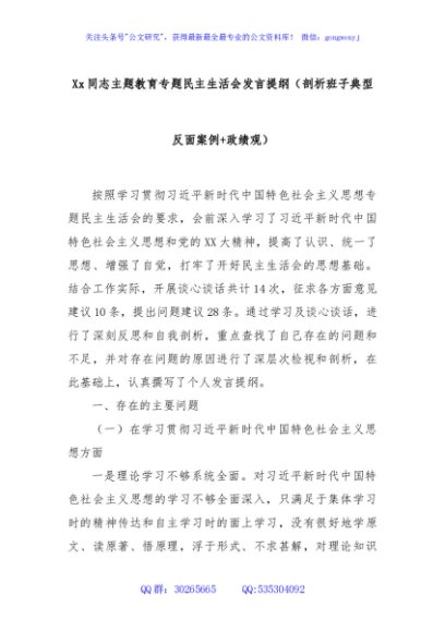 Xx同志主题教育专题民主生活会发言提纲（剖析班子典型反面案例+政绩观）